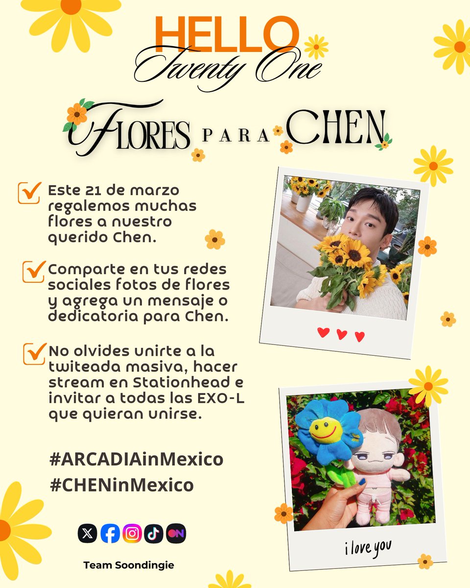 chen_mexico's tweet photo. [HELLO TwentyOne]

"𝑳𝒂 𝒇𝒍𝒐𝒓 𝒎𝒂𝒔 𝒃𝒆𝒍𝒍𝒂 𝒅𝒆 𝒎𝒊 𝒋𝒂𝒓𝒅𝒊𝒏 𝒆𝒔 𝒑𝒂𝒓𝒂 𝒕𝒊..."

🗓 Sábado 21 de marzo
⏰️ de 7PM a 10PM (Hora México)

☑️ Actividades:

💐"Flores para #Chen"
 📲 "Twitteada masiva"
🎶 "Stream Party en Stationhead"
🎁 "Gana 1 Photocard de Chen" https://t.co/eZvIHgKODC