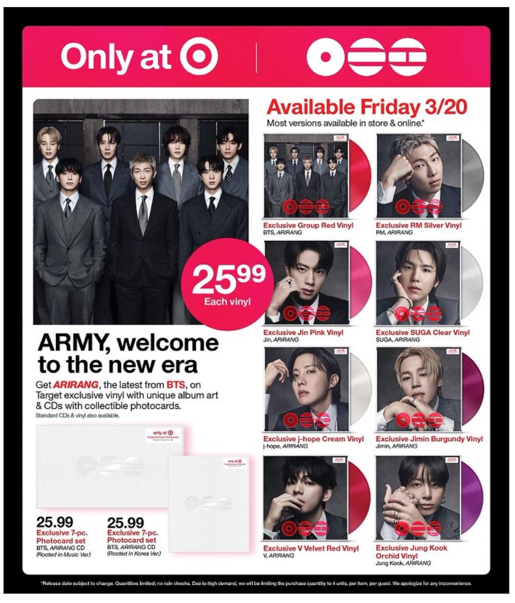 theultimatedodo's tweet photo. target’s weekly ad has 2 whole pages of bts arirang promo 😍 https://t.co/OgOUqvjdkI