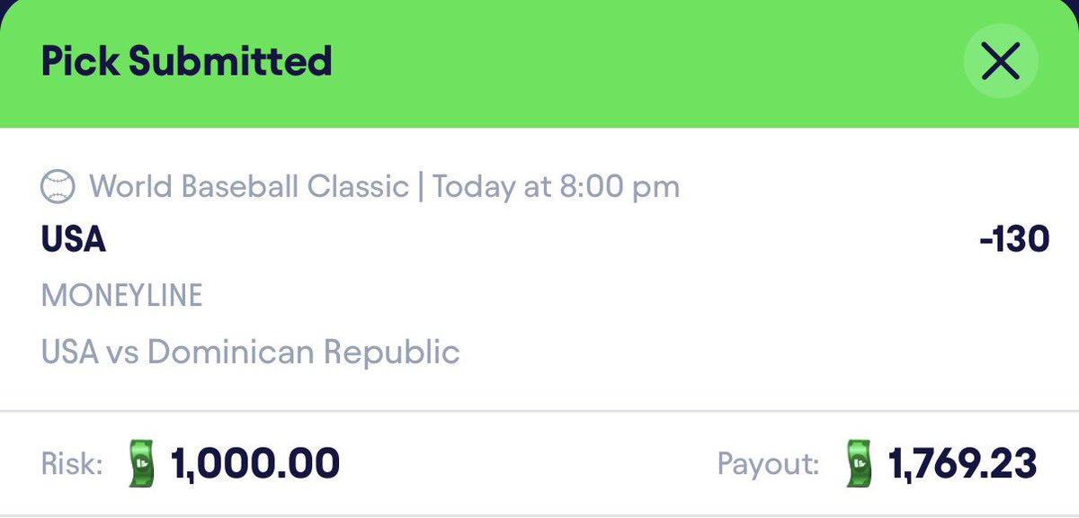 EliteZMT's tweet photo. 🚨⚾️ World Baseball Classic Play (1) ⚾️🚨- 3/15/2026

Fliff - (-130)($1,000 to win $1,769.23)

United States ML 🇺🇸 https://t.co/lCcj8zOCQM