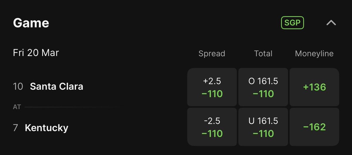 DrewFranklinKSR's tweet photo. Kentucky opens as a 2.5 point favorite in the first round game vs Santa Clara on @DKSportsbook https://t.co/DKRIoOSAxy