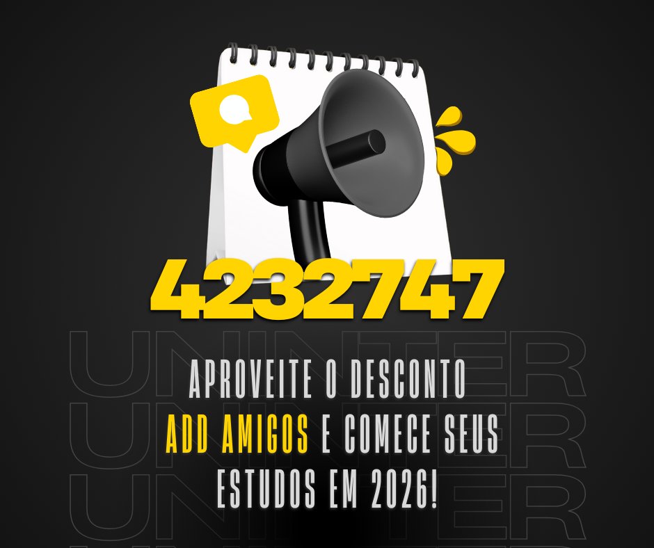 Comece 2026 com um novo curso de Graduação ou Pós-Graduação na Uninter. Com bolsas de até 100% e um super desconto na matrícula. Faça o vestibular ou aproveite sua nota do #enem. Utilize o código add amigos RU: 4232747 e de um start na sua carreira. #AddAmigos #Uninter
