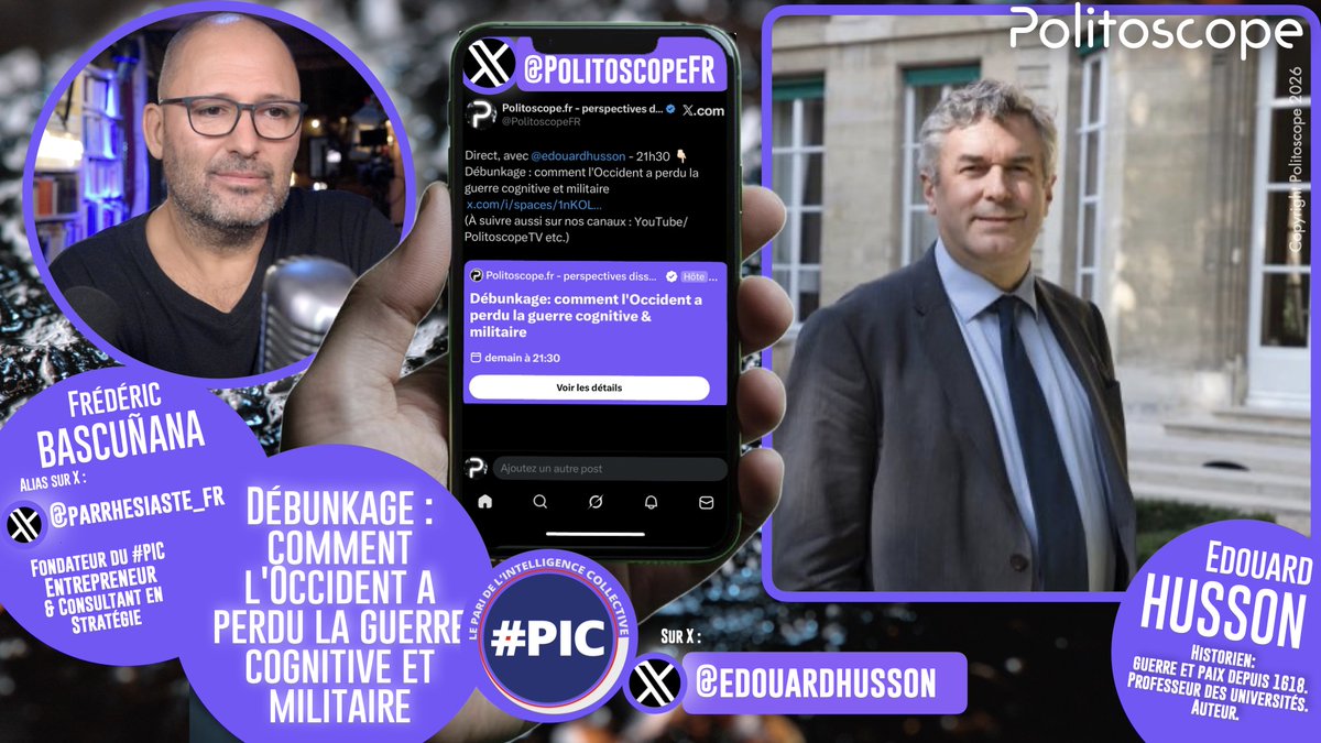 parrhesiaste_fr's tweet photo. [direct, lundi soir 21h30] Débunkage: comment l'Occident a perdu la guerre cognitive et militaire, avec @edouardhusson 

L'heure du réveil stratégique a sonné. Pendant que les plateaux de télévision occidentaux célèbrent avec une naïveté confondante la prétendue victoire d'une "frappe de décapitation" au Moyen-Orient, la réalité du terrain dessine un tout autre monde. L'opération Epic Fury, lancée le 28 février 2026, devait mettre l'Iran à genoux en quelques jours. Or, c'est le complexe militaro-industriel américain qui voit aujourd'hui ses stocks de missiles s'épuiser face à une stratégie de saturation asymétrique redoutable. Le dôme de fer israélien est percé, les bases américaines du Golfe sont ciblées, et le détroit d'Ormuz verrouille l'économie mondiale. Pire encore, en assassinant le Guide suprême, l'axe américano-israélien a commis l'erreur historique majeure : ressouder le patriotisme d'un État-civilisation millénaire.

Comment l'Occident a-t-il pu s'aveugler à ce point ? Comment les États-Unis, en voulant briser l'émergence d'un monde multipolaire et contrer la Chine, se sont-ils enfermés dans le piège d'une guerre d'attrition ingagnable ? Et surtout, quel rôle pathétique joue l'Europe — et la France d'Emmanuel Macron, prête à brader sa dissuasion nucléaire — dans ce naufrage géopolitique et moral ?

Pour percer le brouillard de la propagande et analyser l'émergence brutale de ce "Yalta 2.0", nous recevons l'historien et géopolitologue Édouard Husson. Loin des grilles de lecture émotionnelles, nous allons décortiquer les véritables rapports de force : l'échec de la guerre technologique, le basculement des BRICS, la paralysie de l'administration Trump, et la défaite cognitive d'un Occident qui ne comprend plus le monde.

Rejoignez-nous en direct pour une masterclass de lucidité. Il est grand temps de déserter le confort des illusions.

Le direct aura lieu simultanément sur :

 . YouTube, chaîne invisibilisée à booster svp :
 https://t.co/i9wWlYTOaN ;
 . Et aussi, immense MERCI à @ChienSurpris, sur sa chaîne YouTube éponyme qui compte plus de 100k abonnés (une vraie réussite !)
 . X vidéo sur mon compte @parrhesiaste_fr ainsi que @politoscopeFR ; 
 . Sur Facebook : https://t.co/IZUTy7S2bJ
 . Sur Linkedin : https://t.co/FgHspG3OJc 
 . et sur un « salon vocal » sur X animé par le compte @politoscopeFR, qui permettra d’incorporer vos questions (après environ 45 à 60 minutes d’entretien, mais il n’y a pas vraiment de règle en la matière ; et nous lirons aussi les questions écrites dans le flux du direct)

⬇️ Lien vers l’espace vocal ci-dessous (pour la partie questions-réponses), merci de nous aider à le promouvoir par vos partages ⬇️