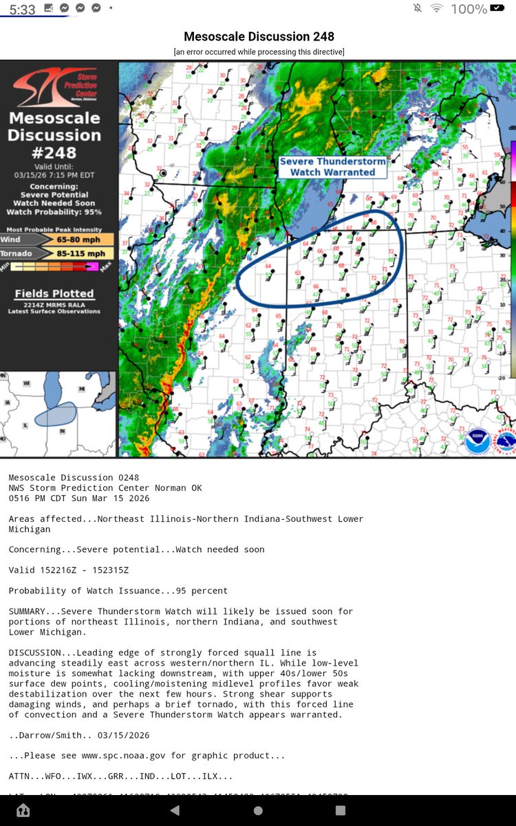 Update...A bit to the southeast...otherwise, severe weather is away from the state line.