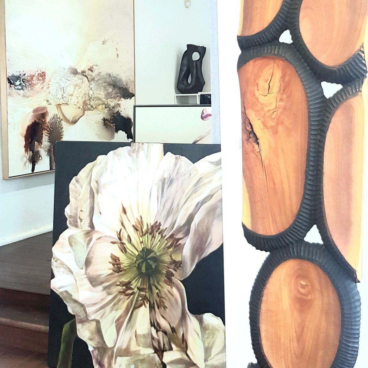Conchita Carambano -The Treemaker painting -  Lacunae bronze -Robin Holliday - Floral painting Marylou  Palazon, Timber sculpture 'Meji' - Lucas Guilbert. Soho Galleries Sydney. 150 Edgecliff Road Woollahra. Weekdays 10-5 Weekends 11-3. sohogalleries.net  Contact 0460009991