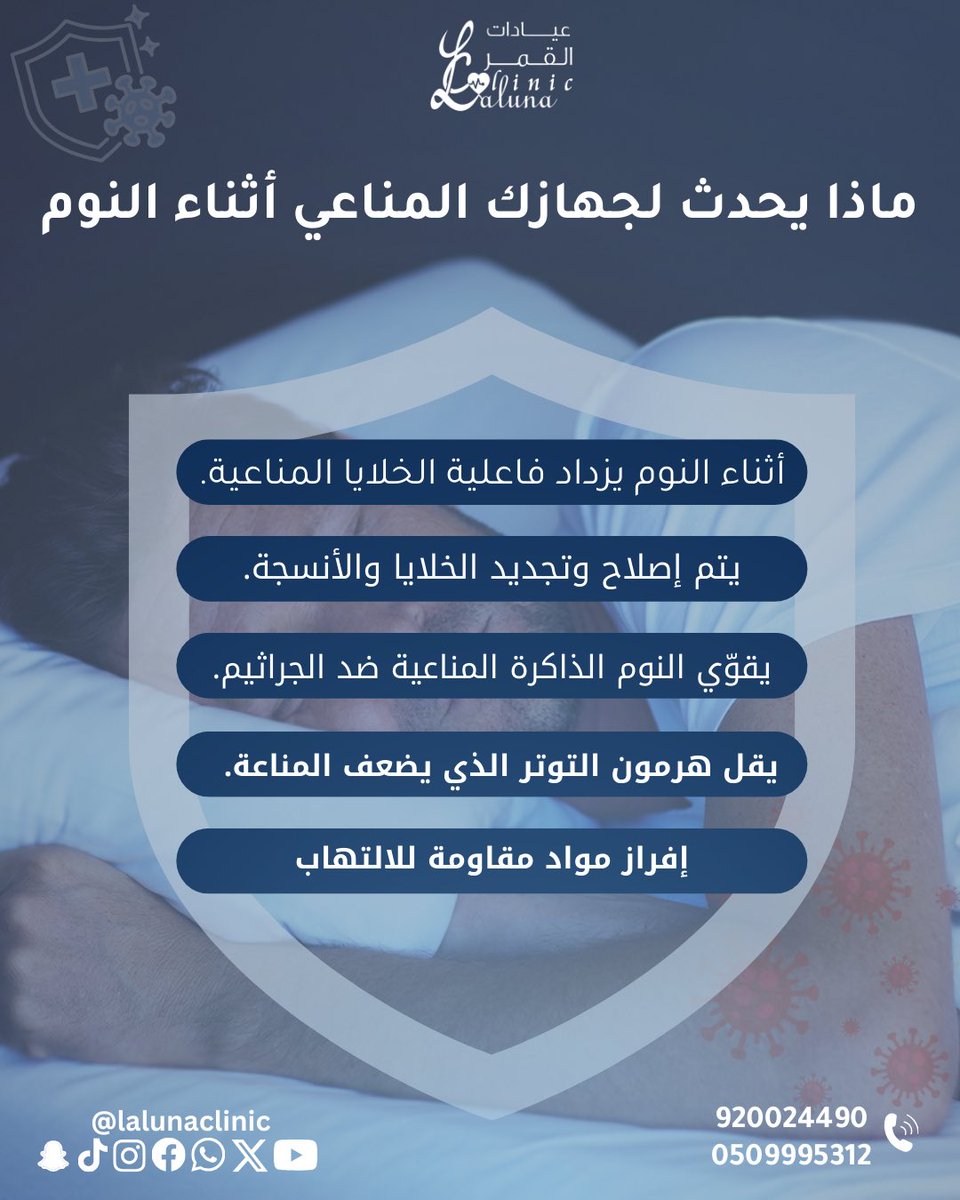 LalunaClinic's tweet photo. ماذا يحدث للجهاز المناعي أثناء النوم ؟
#معلومة_طبيه #اسأل_منسىوبي_الصحة #شهر_رمضان_المبارك١٤٤٧ه #عيادات_جدة #اكسبلور https://t.co/3CNNsDDcQl
