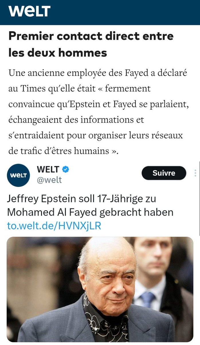 JozDire's tweet photo. Une ancienne employée des #AlFayed a déclaré au @thetimes qu'elle était « fermement convaincue qu'Epstein et Al Fayed se parlaient, échangeaient des informations et s'entraidaient pour organiser leurs réseaux de trafic d'êtres humains » @welt
https://t.co/MCSxYMnW9C https://t.co/QBpRM27M2P