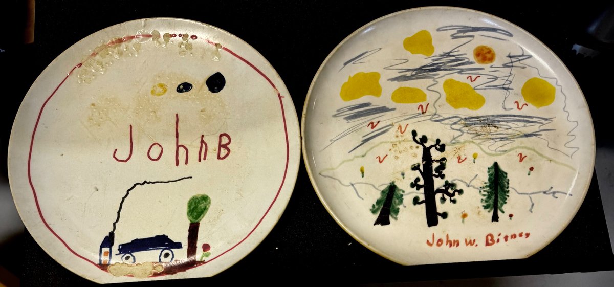 JohnBitney's tweet photo. In 1st &amp; 2nd grades we were asked to draw a picture on a round piece of paper, then get parents to have them made into plates.  My mother saved these because, well, she was my Mom. https://t.co/IIqRZiACK8