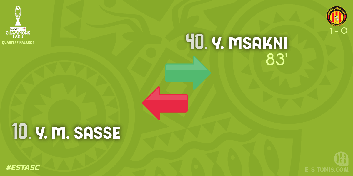 ESTuniscom's tweet photo. ⏱ 83' | #TotalEnergiesCAFCL 1/4 final #ESTASC | 🇹🇳@ESTuniscom 1⃣-0⃣ @AlAhly🇪🇬 : 🔁 Substitute (EST): Y. Msakni IN ↔ Y. M. Sasse OUT / تغيير / Changement https://t.co/gSt61bfrmM