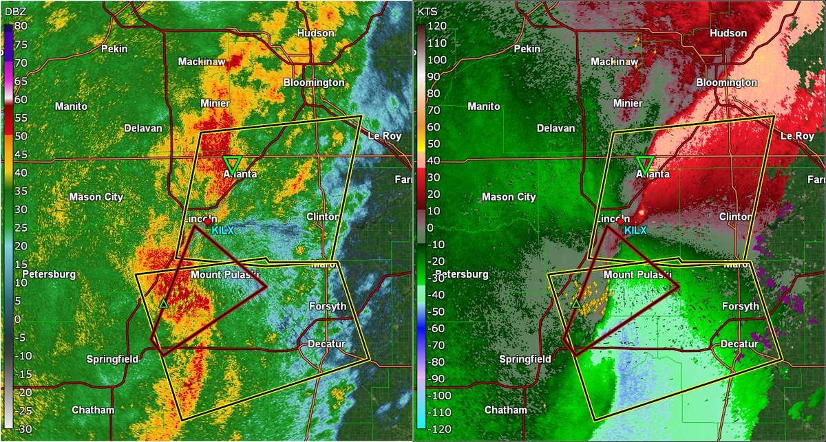 frontierfcst's tweet photo. A likely tornadic squall line/QLCS is moving through the Lincoln, IL area, with multiple embedded mesovortex circulations present. These circulations could very shortly (or already may be), producing brief tornadoes at this time.

Take cover immediately if within the path of these dangerous storms!

#ILwx #tornado