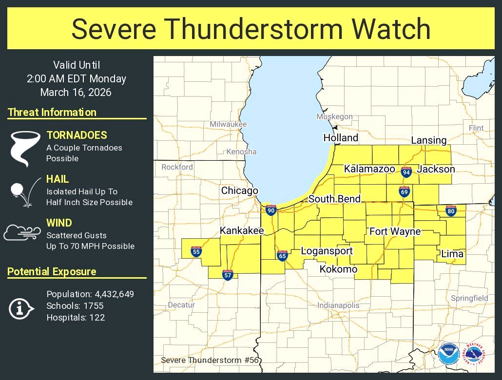 ⚠️Severe Thunderstorm Watch now in effect for areas along/south of a Holland to Lansing line until 2 AM Monday. Damaging wind gusts up to 70 MPH are the main concern, although a brief spinup tornado cannot entirely be ruled out.