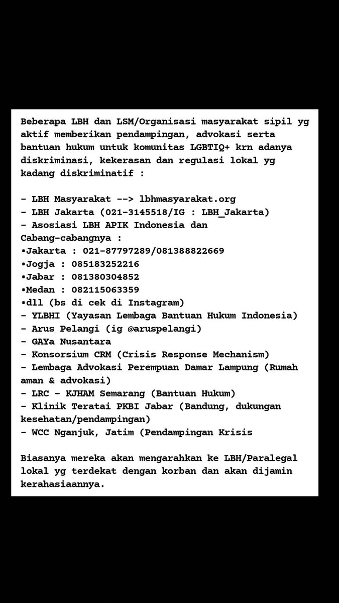 Beberapa LBH atau organisasi yg memberikan pendampingan/bantuan hukum untuk temen2 komunitas LGBTIQ+

Mohon koreksinya jika ada yg salah dlm membuat list atau jika ada yg kurang bisa menambahkan 🙏