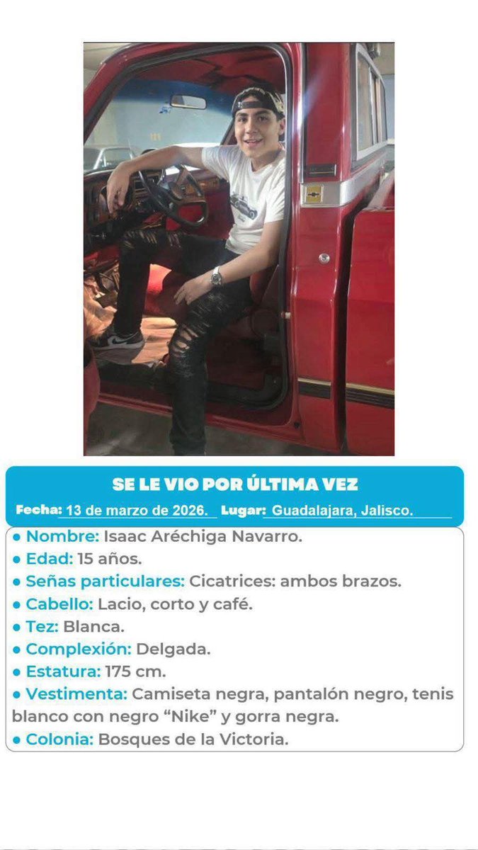 monicarome41665's tweet photo. 🚨 AYÚDANOS 
Se busca  Isaac Aréchiga Navarro, 15 años, desde 13\Mzo\2026
camiseta negra, pantalón negro,  blanco c negro  gorra negra.
Señas particulares: cicatrices en ambos brazos.
info:33 3145 6314
@PabloLemusN 
@GNocturnaMX @Trafico_ZMG https://t.co/of7orrTKQe