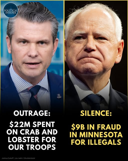 PecanC8's tweet photo. Democrats lose their minds over $22 million spent on crab & lobster dinners for our troops (a longstanding morale tradition), but crickets on the $9 BILLION fraud scandal in Minnesota that funneled taxpayer money to illegal immigrants.

👉$22M for heroes who risk their lives = scandal.
👉$9B stolen & given away = no big deal.

Why are the left’s priorities so completely upside down?