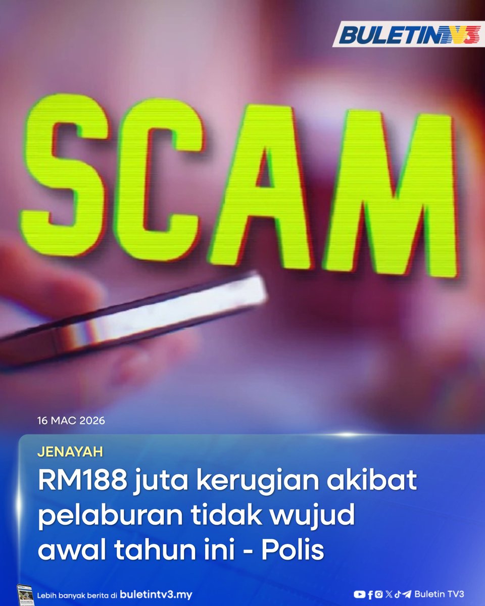 BuletinTV3's tweet photo. JENAYAH | Jabatan Siasatan Jenayah Komersial (JSJK) Bukit Aman merekodkan 1,459 kes pelaburan tidak wujud dengan kerugian RM188 juta pada awal tahun ini. 

#BuletinTV3 #BeritaTerkini #scam #pelaburantidakwujud #rugi

Berita penuh di https://t.co/8jCs37eV8G https://t.co/dDaQHb2U6X