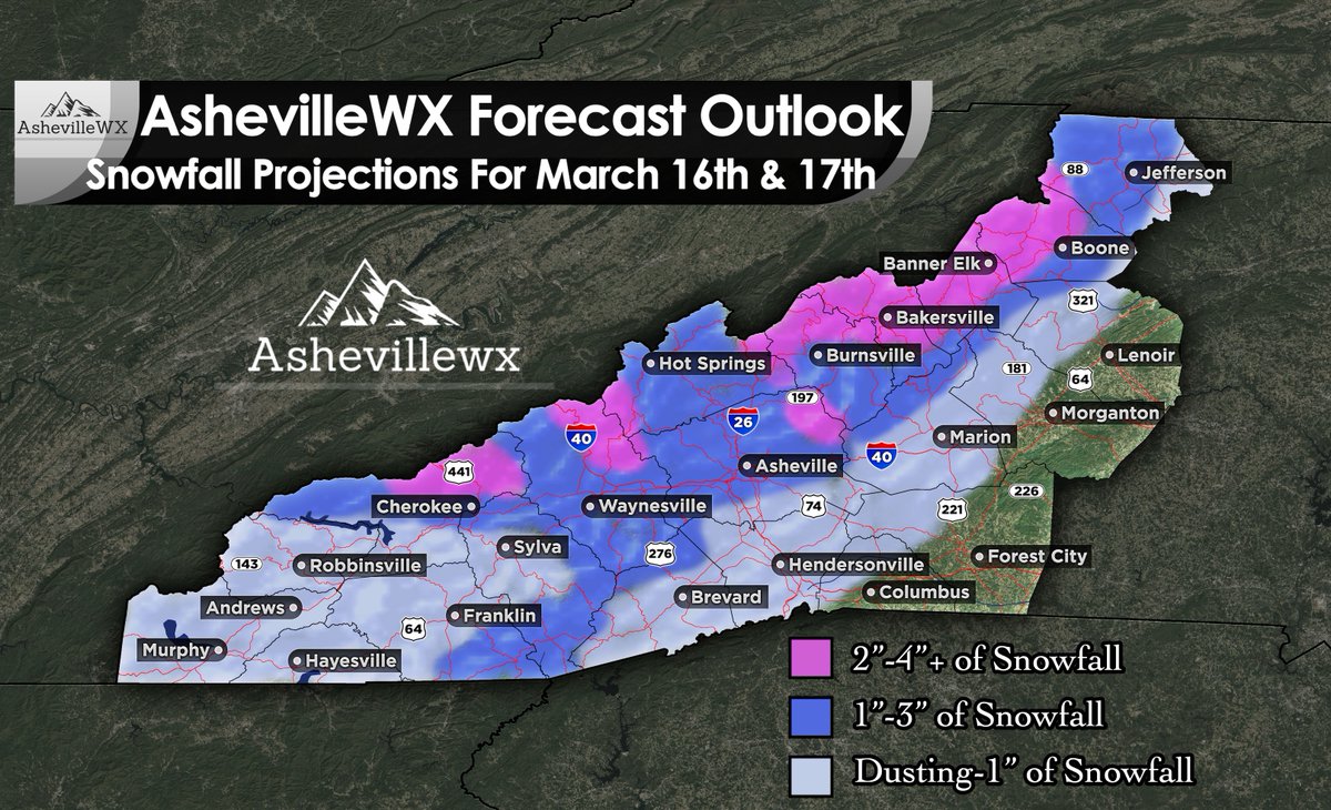 Hvward's tweet photo. Heavy rain will change to snow tomorrow afternoon(2-6pm) for most all of WNC, and that could cause some issues around the area.  Surface temperatures are warm so accumulation will be difficult, but most models are showing heavy enough rates for some accumulation.  Here is my projected snowfall map through Tuesday for WNC.  I think many will see 1"-3" on grassy surfaces with a slush on the roadways.  Others will see a dusting, with isolated higher elevation locations seeing over 4" of snowfall.

High wind gusts are certain through Tuesday morning and that means isolated power outages will be possible.  Be prepared to lose power for 24 hours or so, just in case.  Temperatures will plummet into the mid 20's early Tuesday morning so be mindful of this.  Plants that have bloomed out will likely be killed without some type of protection and that still may not help.

For a more in depth analysis regarding this system, go to the video that is also just posted.  I will do another update tomorrow if there is more information to provide!  

Check https://t.co/bV8FfHocbu for live looks around WNC!