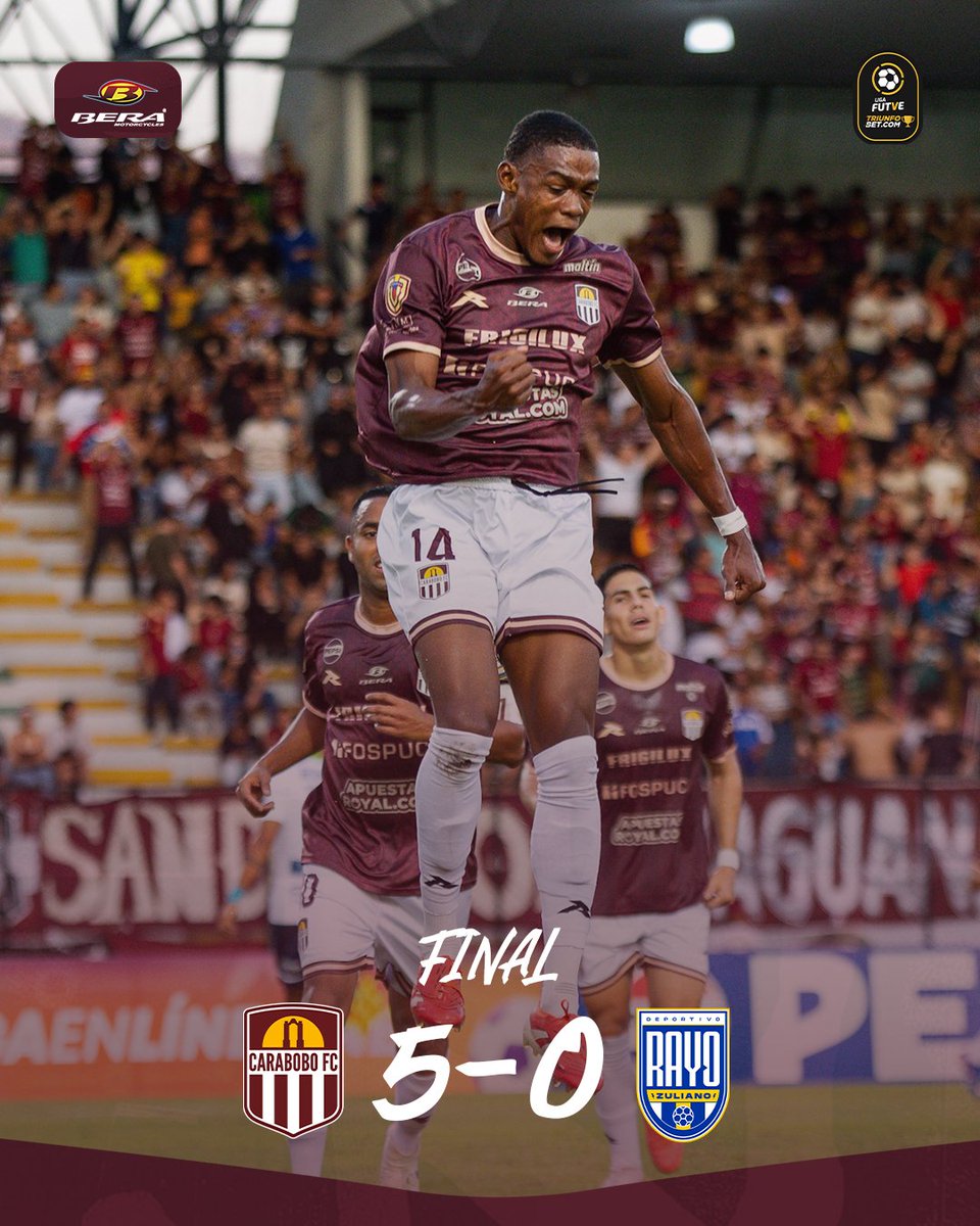 Carabobo_FC's tweet photo. ⏱️ 90+4’ | ¡FINAL! ¡𝙀𝙎𝙏𝙊 𝙀𝙎 𝘾𝘼𝙍𝘼𝘽𝙊𝘽𝙊! 👊🇱🇻

𝗩 𝗱𝗲 𝘃𝗶𝗰𝘁𝗼𝗿𝗶𝗮 contundente y de jerarquía. 🔥⚔️

#CaraboboFC 5-0 @DvoRayoZuliano

Goles:
⚽ E. Tortolero - 27' (P)
⚽ L. Martínez - 39'
⚽ J. Berríos - 45+10' (P) y 58' 
⚽ D. Meza - 47'

#LigaFUTVETriunfobet 🇻🇪 https://t.co/DkCgrDg7OC