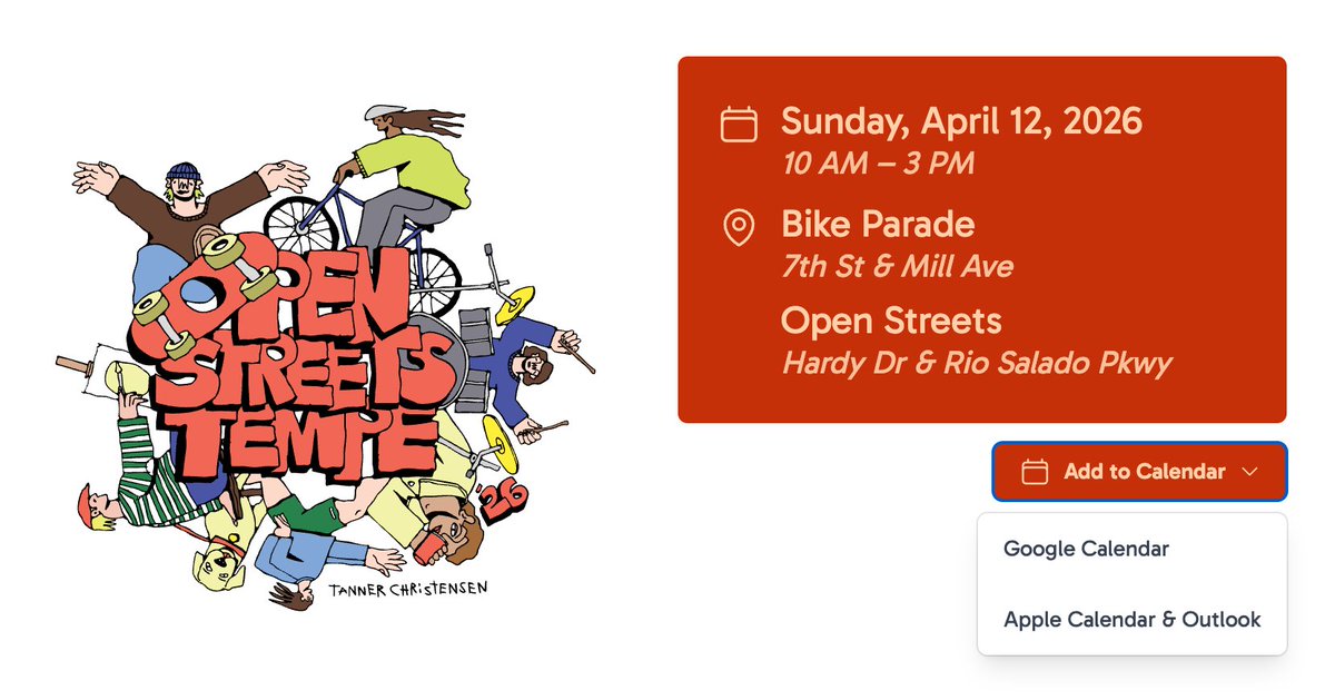 _jket's tweet photo. Updated the Open Streets Tempe website to have this 'Add to Calendar' button (ics file download for Apple/Outlook) -- always wish more event websites had this

https://t.co/MpopNaFarP https://t.co/s1iVNtMgpV