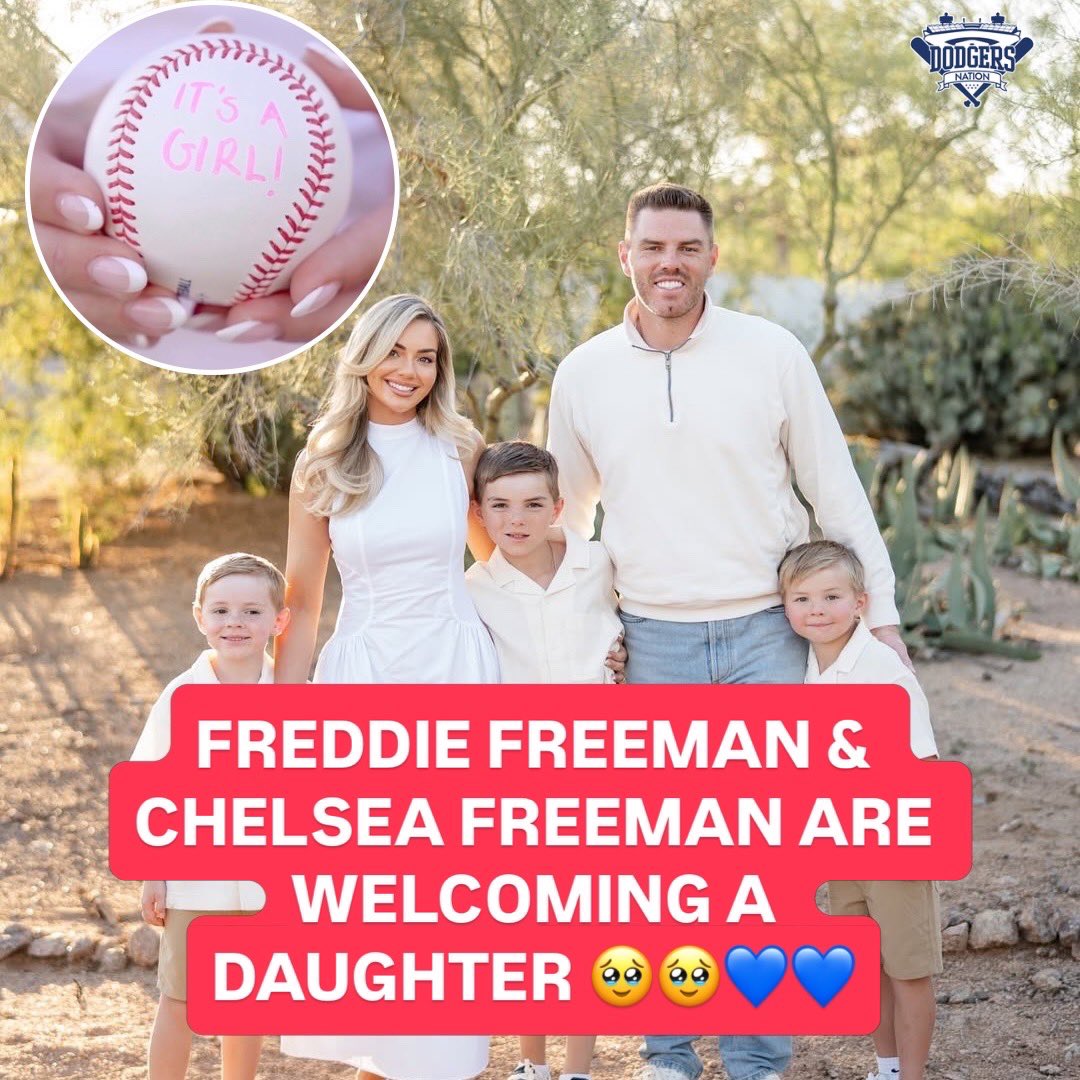 DodgersNation's tweet photo. Freddie Freeman and Chelsea Freeman announce they are welcoming their fourth child this Spring and it will be their first daughter 🥹

Big congratulations to them! https://t.co/UwSao12JUg