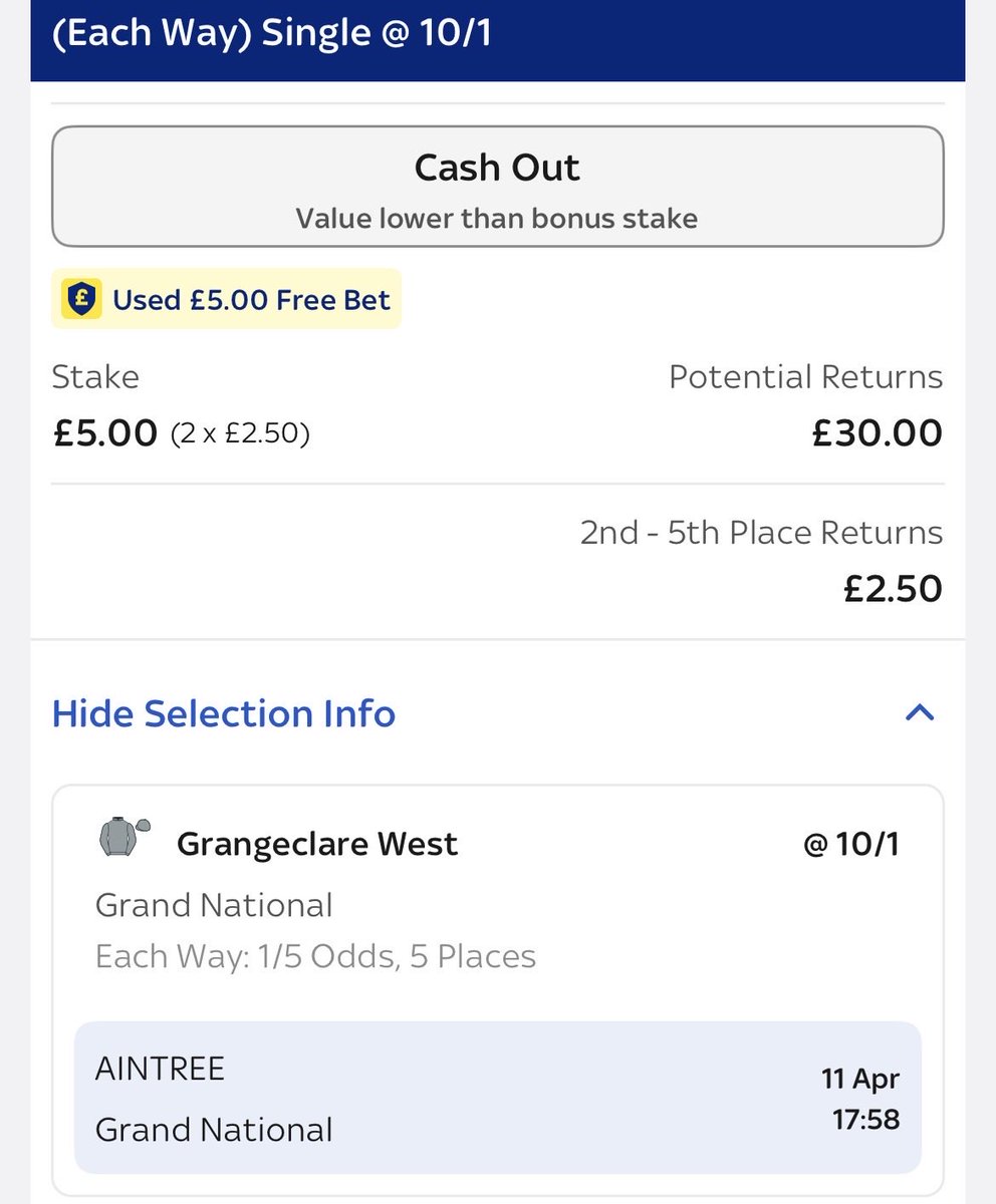 SPrangnell's tweet photo. @tony_calvin would be interested to get your thoughts on this one TC. Skybet only pay out the ‘profit’ on a free bet so place returns are £2.50? Surely the ew part is a separate bet? https://t.co/AXb4NLWzPy