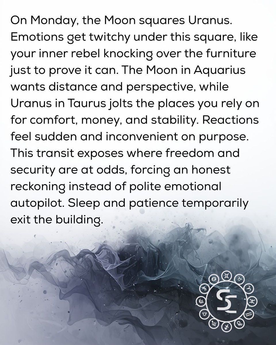 StormCestavani's tweet photo. The Moon square Uranus hits tomorrow, and emotions may start acting like they’ve had three espressos and a rebellious streak. Sudden reactions reveal where freedom and comfort are fighting it out.
Notice anything already shifting?

#astrology https://t.co/P6gopl72eD