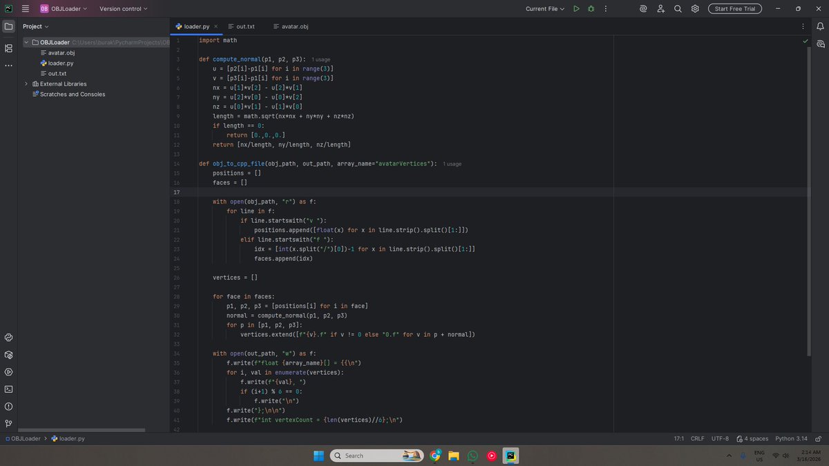 brksfrb's tweet photo. Writing a script to convert OBJ models to raw C++ vertex arrays with normals.

Python + 3D math. Needed this for a project. So I built it.

#Python #CPlusPlus #graphics https://t.co/viEpHS5nA8