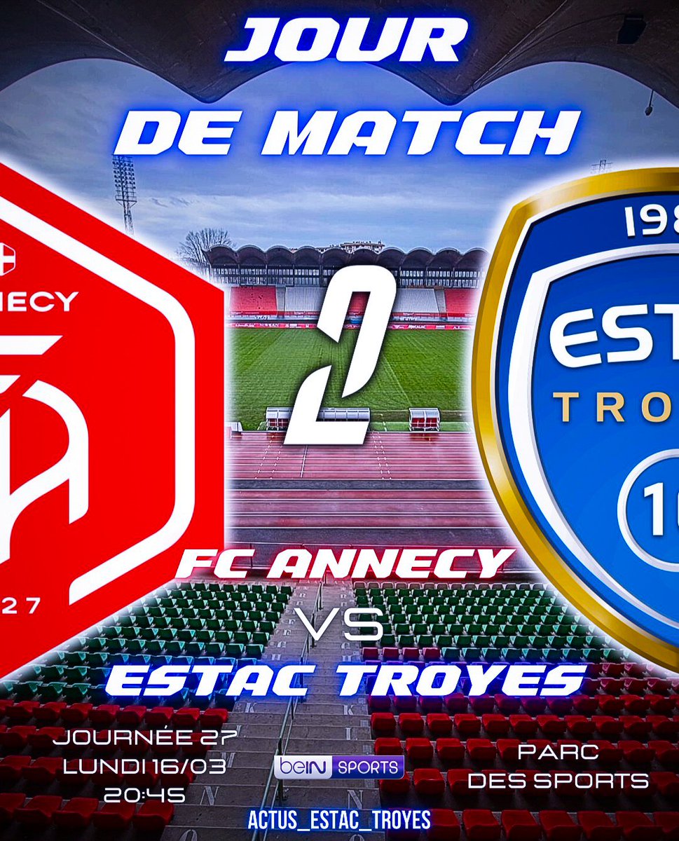 ACTUS_ESTAC_10's tweet photo. 📅 𝐉𝐎𝐔𝐑 𝐃𝐄 𝐌𝐀𝐓𝐂𝐇 !

⚔️ @FCAnnecy vs @estac_officiel 
📆 Lun 16/03
🕘 20:45
🏟️ Parc des Sports, Annecy
🗓️ Journée 27
🏆 @Ligue2BKT 
📺 @beinsports_FR https://t.co/ZpaifMpuWM