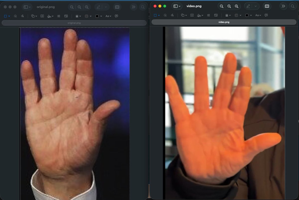 ferdous's tweet photo. Netanyahu's right hand palm lines analysis using OpenCV canny edge detection. Left one original from 2023, right one is from the coffee video. FYI palm prints are unique. https://t.co/HC538Xm5IZ