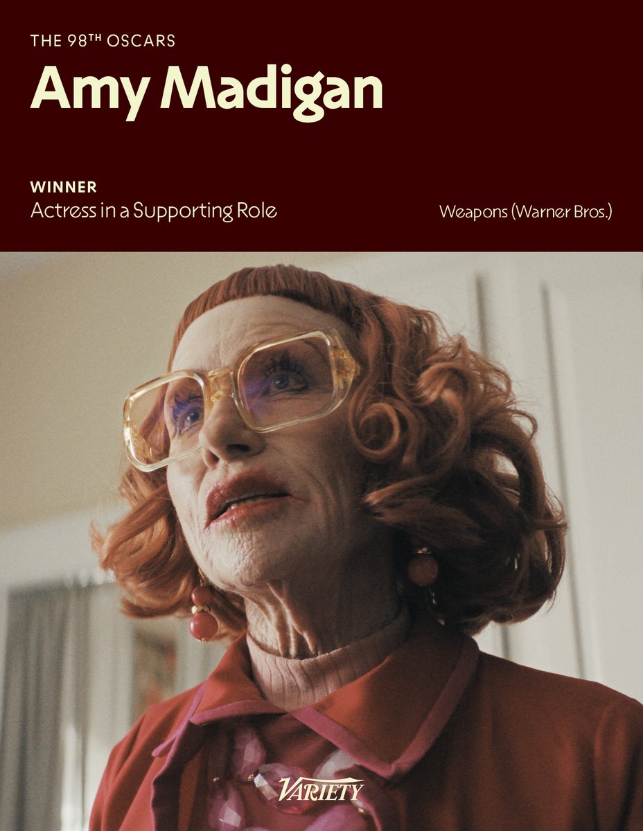 Variety's tweet photo. #Oscars: Amy Madigan (“Weapons”) wins Best Supporting Actress

See the full list of winners: https://t.co/8VOtukheSD https://t.co/fLzxGhk4fU