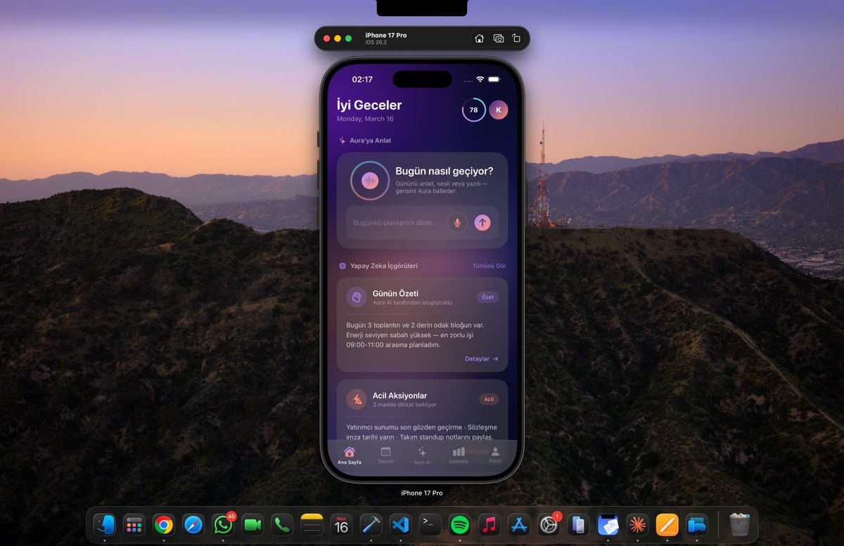 mrn0rt3h's tweet photo. Kod yazmadan, sadece uygulamanın "nasıl hissettirmesi gerektiğini" anlatarak iOS uygulaması geliştirmek... Gecenin bir yarısı Claude Pro ve Xcode ikilisiyle #VibeCoding deneyimine girdim ve dakikalar içinde ortaya çıkan sonuca inanamıyorum. Karşınızda yeni proje konseptim: "Aura" 🚀📱

Aura; zihinsel yükü hafifletmeyi amaçlayan, gününüzü mikrofona sadece anlatıp geçtiğiniz ve arka planda her şeyi sizin için organize eden otonom bir yapay zeka asistanı.

Süreç tam olarak şöyle ilerledi: 
1️⃣ Claude'a spesifik bir kod mantığı vermek yerine vizyonu anlattım: "Apple'ın Spatial UI tasarım dilini kullan. Glassmorphism (buzlu cam) efektleri olsun. Arka planda gece mavisi ve pastel mor tonlarında hareket eden bir Mesh Gradient istiyorum." 
2️⃣ Sonuç: Sıfır harici kütüphane, tek bir SwiftUI dosyası (ContentView) ve dakikalar içinde Xcode Preview ekranında canlanan bu muazzam arayüz.
Şu an vitrin (Ana Sayfa UI) hazır ve kusursuz görünüyor. Şimdi işin mantık kısmına ve diğer ekranlara geçmeden önce sizlere sormak istiyorum:
👇 Sizce bu arayüzde neleri değiştirmeli/geliştirmeliyim? 👇 
Aura gibi bir "ikinci beyin/asistan" uygulamasını her gün kullanmanız için içinde hangi özelliğin "kesinlikle" olması gerekirdi?

Fikirlerinizi ve acımasız eleştirilerinizi bekliyorum!