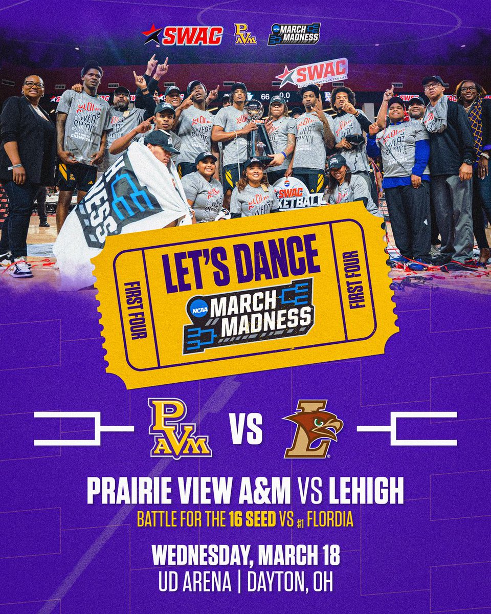 theswac's tweet photo. 𝓣𝓱𝓮𝔂'𝓻𝓮 𝓰𝓸𝓲𝓷𝓰 𝓭𝓪𝓷𝓬𝓲𝓷𝓰  🕺 

🏀 First Four 
🗓️ Wednesday, March 18
🆚 Lehigh
🏟️ UD Arena
📍 Dayton, Ohio 

#SWACMBB | #BuildingChampionsForLife https://t.co/47IOugM3sc