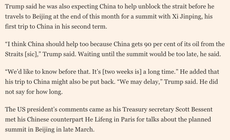 sizov_andre's tweet image. FT: Trump may delay the summit with Xi if China doesn't help to reopen the Hormuz 

#oatt #oott #soybeans
