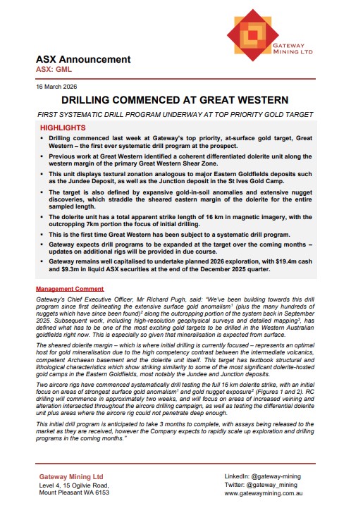gateway_mining's tweet photo. Drilling has commenced at Gateway's top priority, at-surface gold target, Great Western. This represents the first systematic drill program ever undertaken at the prospect, which is defined by expansive gold-in-soil anomalies. 

https://t.co/BeLIqyHF60

$GML #exploration #gold https://t.co/WVly3TXWmU