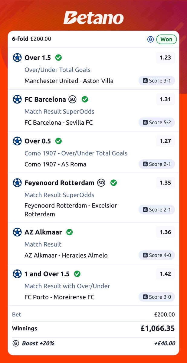 NelNebak's tweet image. 🔥 6-fold accumulator SMASHED! £200 → £1,066+ boost!  

- Man Utd 3-1 Villa Over 1.5 ✅
- Barça 5-2 Sevilla Barça win ✅
- Como 2-1 Roma Over 0.5 ✅
- Feyenoord 2-1 Excelsior ✅
- AZ 4-0 Heracles AZ win ✅

Next free Bets inside my Telegram channel. Link on my profile ✅👍
