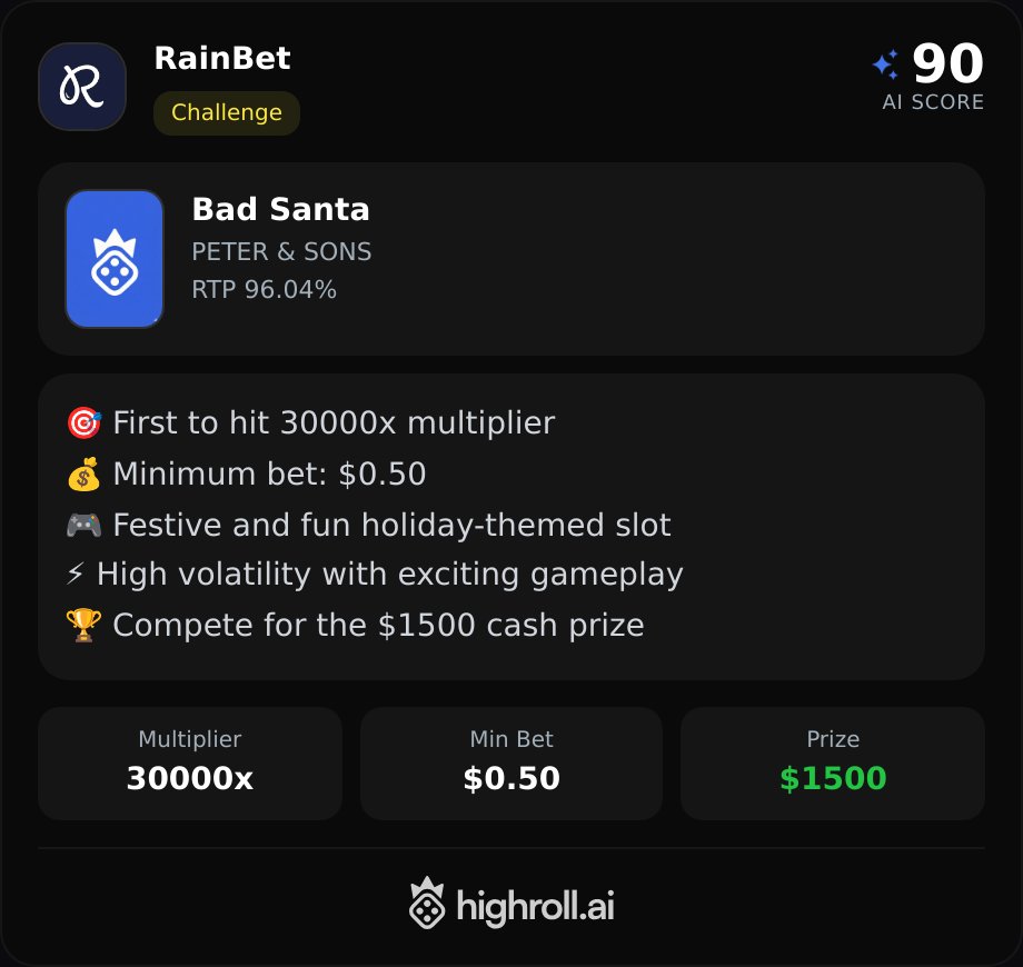 CasinosPapi's tweet photo. Daily Promo Alert!

https://t.co/gOiT76WOvu

RainBet features the First to hit 30000x multiplier on a festive, high-volatility holiday slot with a $1,500 cash prize.

🎯 First to 30000x multiplier
💰 Minimum bet: $0.50
🎮 Holiday-themed, exciting gameplay
⚡ High volatility slot
🏆 $1,500 prize for top competitor