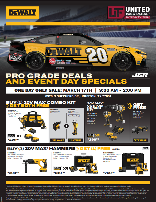 unitedtoolf's tweet photo. Houston, if you love #NASCAR or #DeWalt, you don't want to miss this Tuesday, March 17, sale event at 6320 N. Shepherd from 9am-2pm. https://t.co/YSA9tmWIdX