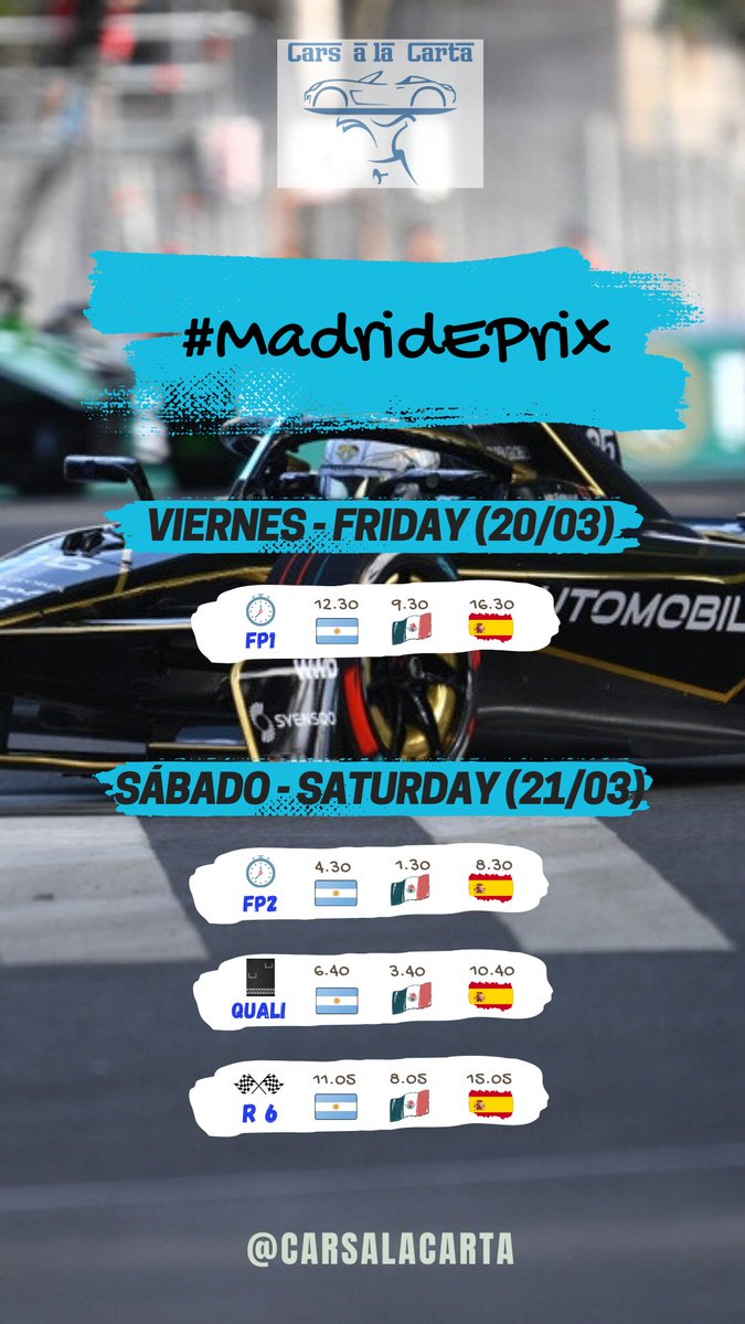 estefaniamdq's tweet photo. Aquí están los horarios del #MadridEPrix de #FormulaE para este finde y un resumen de toda la actividad:
*Se usará el #PitBoost (por 1ra vez) en una carrera single header
*Serán 23vtas (+ las que se agreguen)
*Habrá una sola activación de Attack Mode de 6' de duración
Agendaron?? https://t.co/rhtrtu99WN