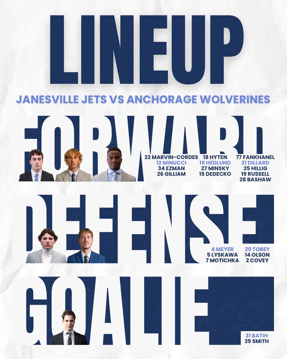 JanesvilleJets1's tweet image. Sunday Night Hockey starting soon…
Puck Drop in 30 ✈️

#JanesvilleJets #NAHL #Lineup