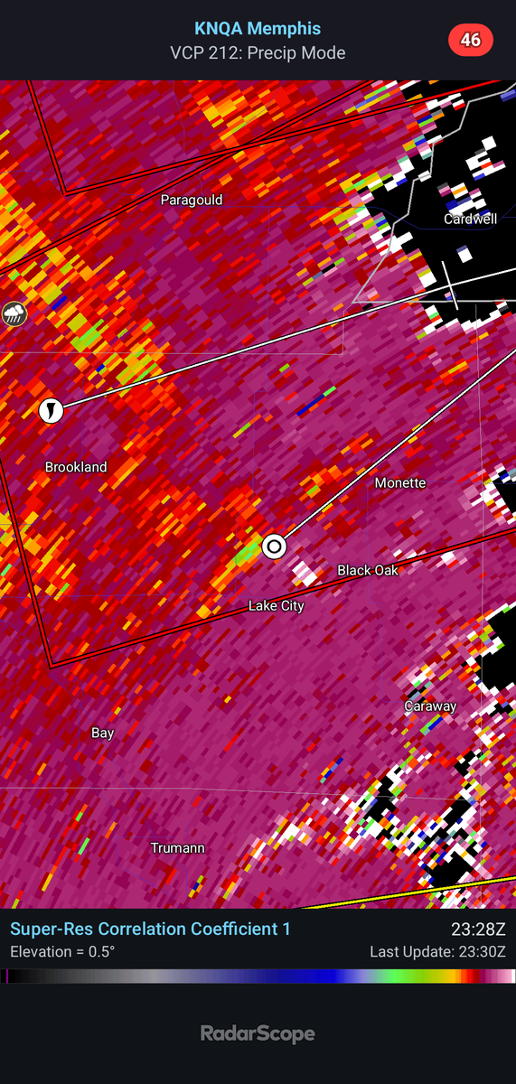 frontierfcst's tweet photo. A tornado warning is in effect until 7:15 pm CDT near Lake City, Arkansas. There appears to be a CC drop on radar. This squall line has been capable of producing spin-up tornadoes. Residents near Lake City and Monette should immediately seek shelter! https://t.co/FTO792v47W