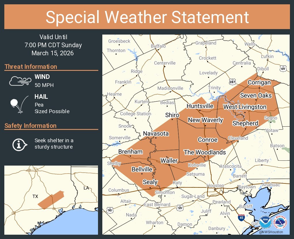 6:25 PM Update

Storm line along the cold front is approaching Katy and should reach the area in 35–45 minutes.

Storms moving 40–50 mph may produce gusty winds (around 50 mph) and small hail.

NWS issued a Special Weather Statement north/west of Katy.