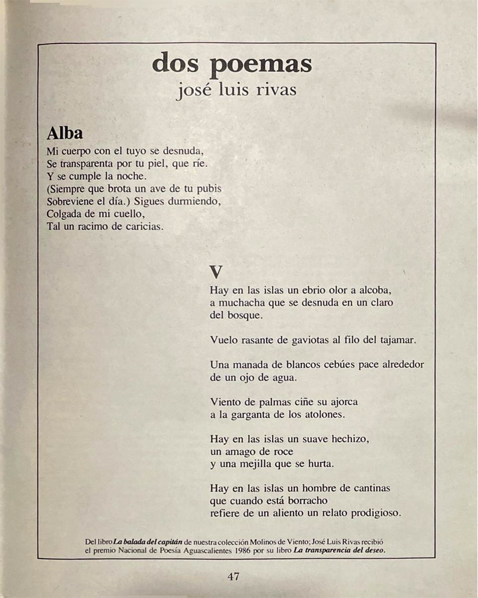 Pendola_RR's tweet photo. #Poesía
En el número 63-65 de 𝘊𝘢𝘴𝘢 𝘥𝘦𝘭 𝘛𝘪𝘦𝘮𝘱𝘰, publicaron dos poemas de José Luis Rivas, que formaban parte de 𝘓𝘢 𝘣𝘢𝘭𝘢𝘥𝘢 𝘥𝘦𝘭 𝘤𝘢𝘱𝘪𝘵á𝘯, publicado por UAM en su colección Molinos de Viento. https://t.co/n08mJJa96q