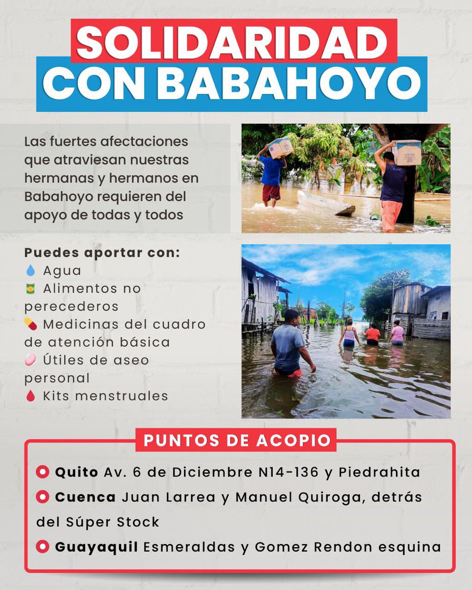 GabrielaEsPais's tweet photo. Babahoyo está inundada, atraviesa momentos de dolor y abandono absoluto del gobierno central, el gobierno municipal batalla en soledad.

Si estás en Quito, Cuenca o Guayaquil, súmate a esta jornada solidaria.

Cada aporte cuenta ✊🏽♥️ https://t.co/cJbXhiCfDs