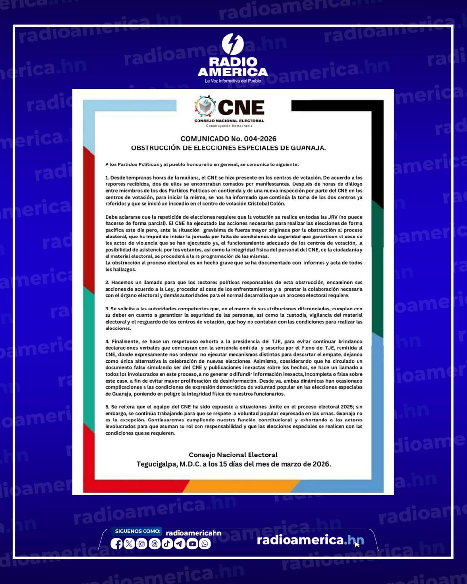 ATENCIÓN | A través de un comunicado el Consejo Nacional Electoral (CNE) señala de la obstrucción de las elecciones especiales en Guanaja, Islas de la Bahía.

#AméricaNoticias #Honduras
Clic: radioamerica.hn
