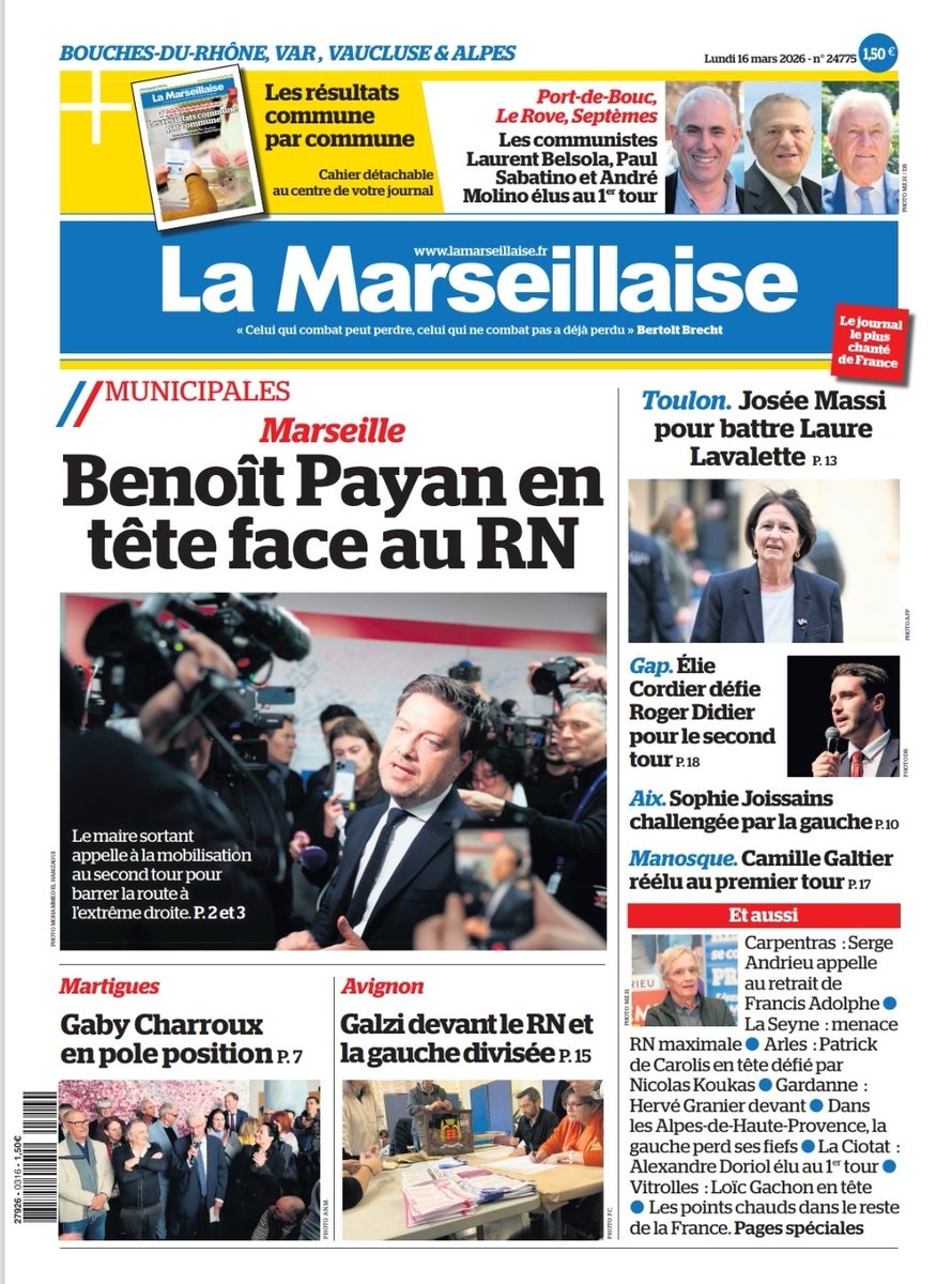 #ÀlaUne du 16 mars 2026 #Municipales #Municipales2026 #15mars #PremierTour
En kiosque et par abonnement sur lamarseillaise.fr