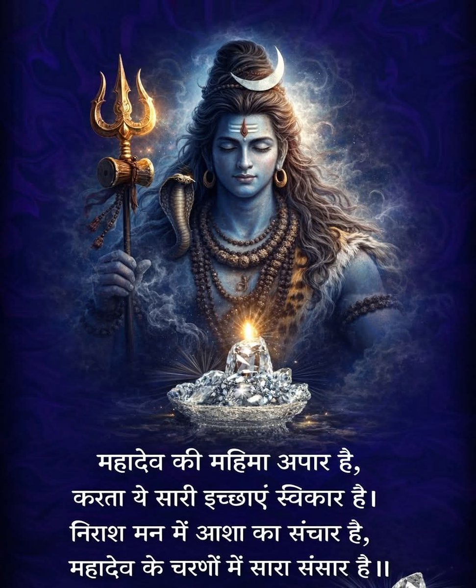 “हर हर महादेव 🙏 
महादेव की भक्ति ही जीवन की सबसे बड़ी शक्ति है। जब भी मन कमजोर पड़े, बस भोलेनाथ का नाम ले लो—सारी परेशानियाँ छोटी लगने लगती हैं। महादेव हमें धैर्य, साहस और सच्चाई के रास्ते पर चलने की प्रेरणा देते हैं। उनकी कृपा से जीवन में सुख, शांति और समृद्धि बनी रहे।
महादेव