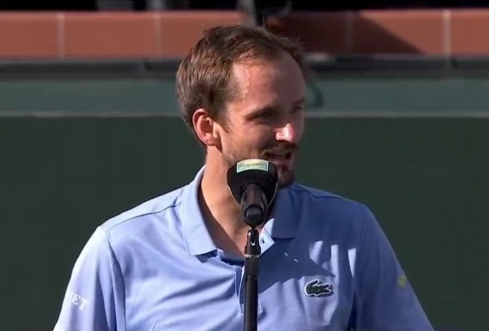 TheTennisLetter's tweet photo. Daniil Medvedev after losing to Jannik Sinner in Indian Wells final:

"First of all I'd like to congratulate Jannik. Amazing tennis, tough to play against you. I tried my best. It was a good match. Big congrats to you for everything you're doing. 

Whenever you play Carlos I love to see it. Now I was happy to not let Carlos play you again 😂 but love watching you guys, love watching you. Go for it, continue winning. Never stop and to your team as well."