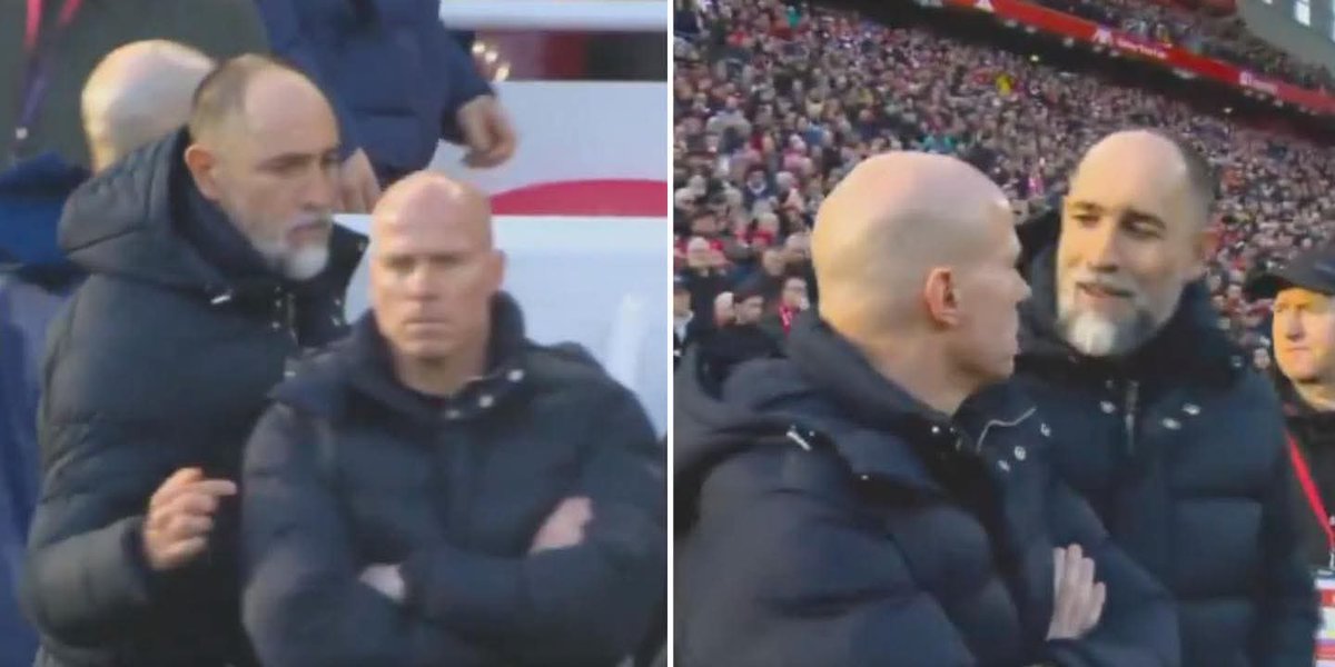 Tujsuper25's tweet photo. Igor Tudor went to greet a random bald man thinking it was Slot before the game! 🤣🤣
#premierleague
#crazyscene https://t.co/DfaZeJaM87