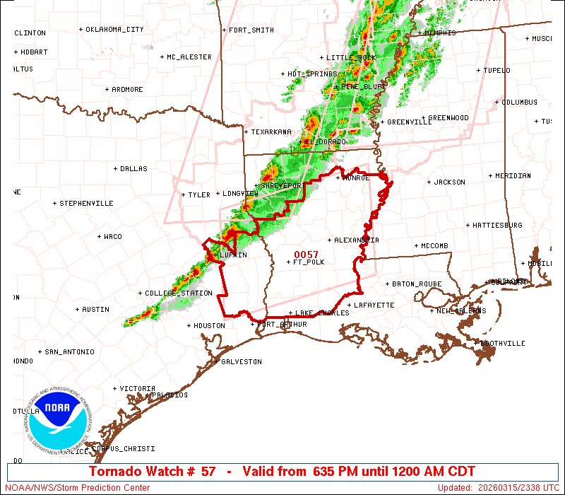 その他 XNET Tornado 6:39pm CDT #SPC_Watch WW 57 TORNADO LA TX 152335Z - 160500Z, #lawx