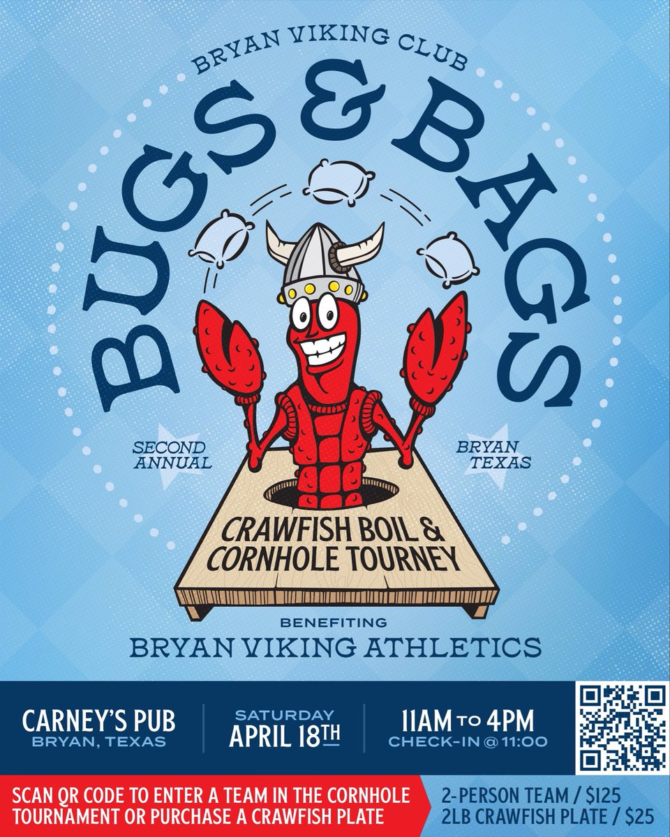 BHSVikingFB's tweet photo. Our 2nd Annual Bugs and Bags Cornhole Tournament will take place Saturday, April 18th at Carney's Pub from 11am-4pm

We would for everyone to come out and support Bryan Viking Football and Bryan Viking Athletics

Use the QR Code to register a 2-person team or purchase crawfish! https://t.co/hyTNhV5BX9