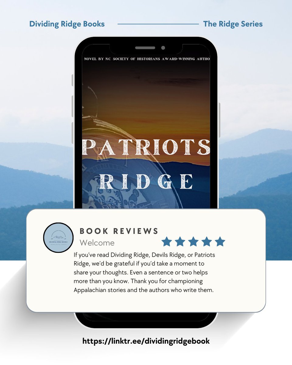 DRidgeBooks's tweet photo. If you’ve read Dividing Ridge, Devils Ridge, or Patriots Ridge, we’d be grateful if you’d take a moment to share your thoughts. Even a sentence or two helps more than you know.

https://t.co/oowl5Jog7t 

#writingcommunity #books #blueridgemountains #mystery #HistoricalFiction https://t.co/ev5G0G1ddI