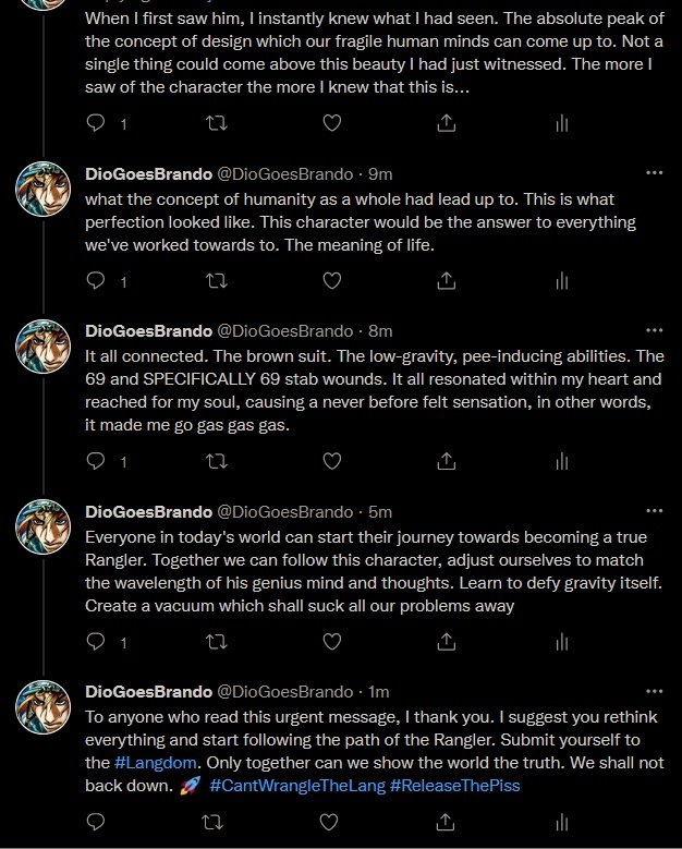 DioGoesBrando's tweet photo. @avenbyevening But Lang's sacrifice left a bigger impact than Araki ever envisioned, bearing fruit to the #Langdom, a group of loyal followers following Lang Rangler's true motive: To LANG THE WORLD and RANGLE THE UNIVERSE. ๐ฅ๐ https://t.co/8U2bkat94k